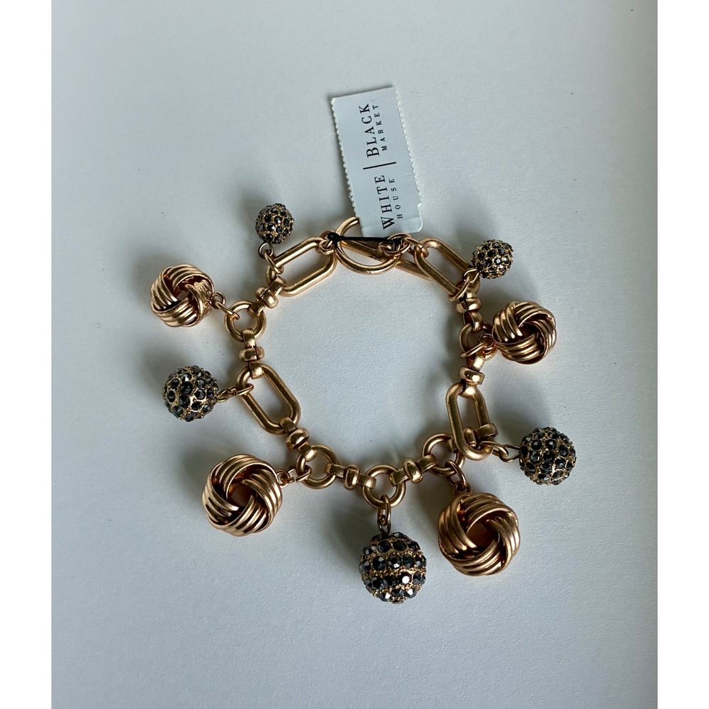 WHBM Gold Tone Charm Bracelet Black Crystal Pave Knot Charms Toggle Clasp View 4